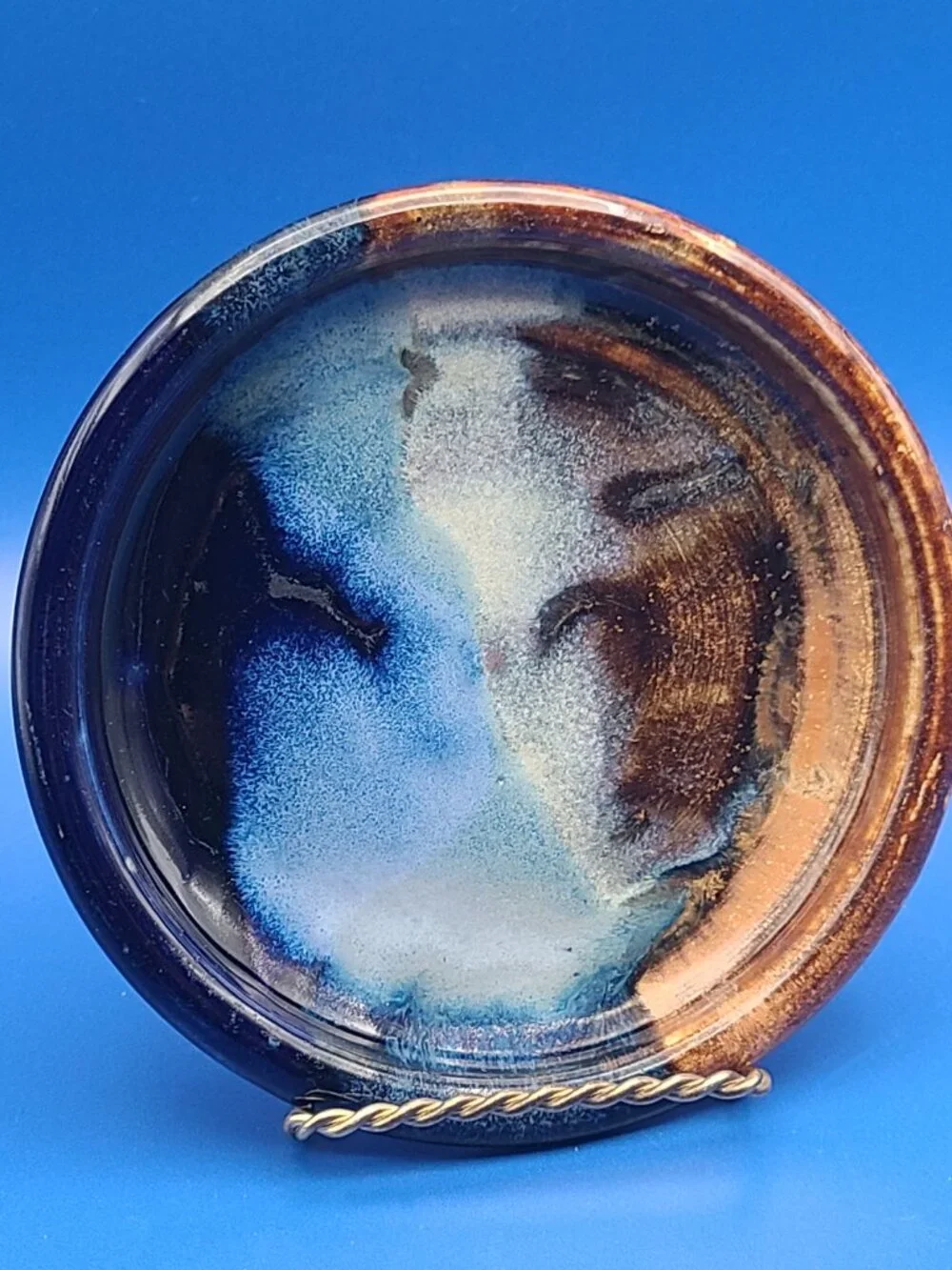 Studio Art Pottery Small Round Dishes Blue Brown Cream Glazed Set of 4